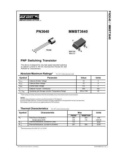 Fairchild PN3640/MMBT3640 PNP Switching Transistor Datasheet - cover page