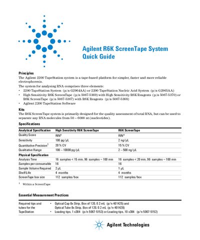 Agilent Technologies R6K ScreenTape System Quick Guide - cover page