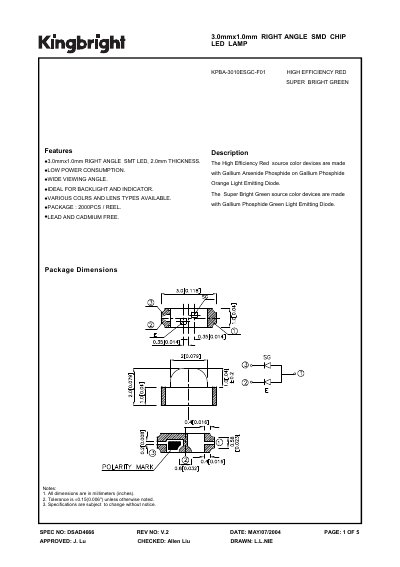 KINGBRIGHT - SPEC NO: DSAD4666 REV NO: V.2 3.0mmx1.0mm RIGHT ANGLE SMD CHIP LED LAMP Manual - cover page