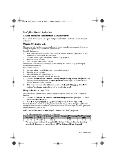 BenQ MX615+ / MX660P Projector User Manual Addendum - cover page