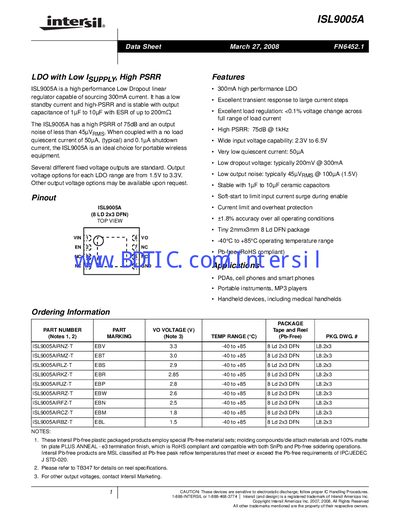 Intersil ISL9005A LDO Regulator Datasheet - cover page