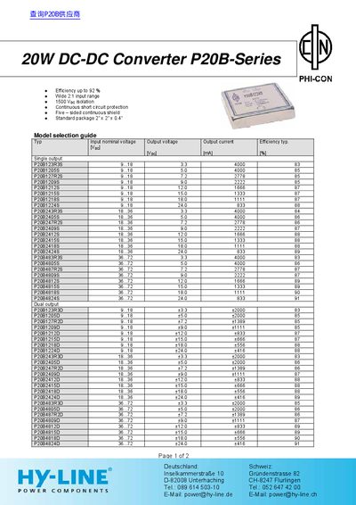 HY-LINE P20B-Series DC-DC Converter Datasheet - cover page