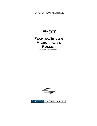 Sutter Instrument P-97 Flaming/Brown Micropipette Puller Operation Manual - cover page