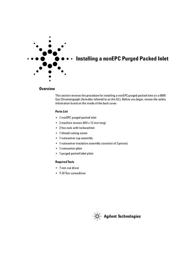 Agilent - Installing a nonEPC Purge Packed Inlet (6890 GC) Manual - cover page