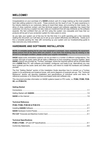 SADIE PCM4/PCM8/PCM-H8/PCM-H16 Hardware Installation Guide - cover page