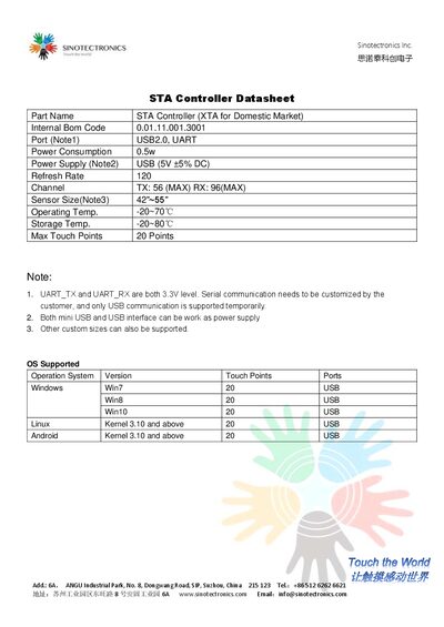 Sinotectronics STA Controller (XTA for Domestic Market) Datasheet - cover page