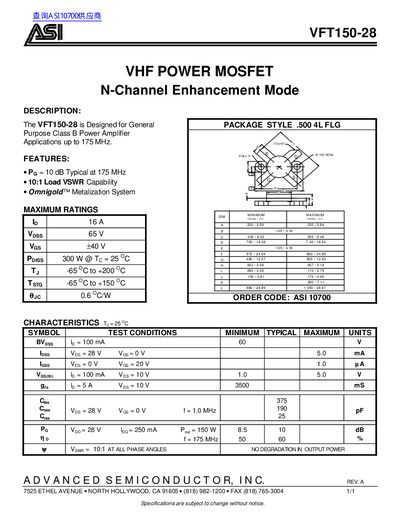 ASI VFT150-28 VHF Power MOSFET Datasheet - cover page