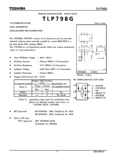 Toshiba TLP798G Photocoupler Photo Relay Datasheet - cover page