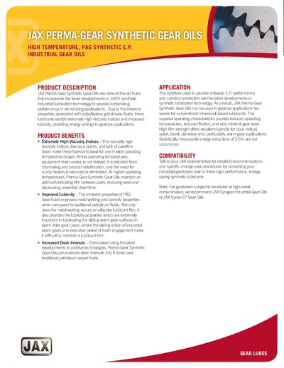 JAX Perma-Gear Synthetic Gear Oils Product Leaflet - cover page