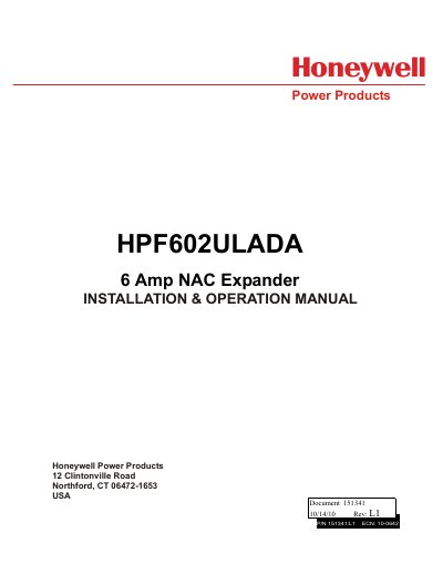 Honeywell HPF602ULADA Installation & Operation Manual - cover page