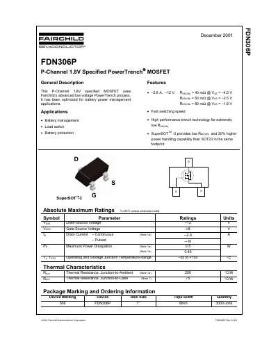 Fairchild Semiconductor FDN306P P-Channel MOSFET Datasheet - cover page