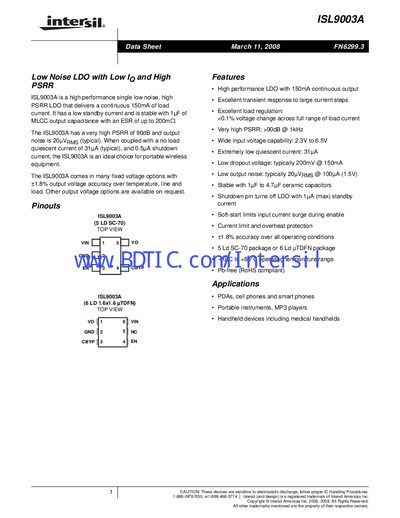 Intersil ISL9003A Low Noise LDO Datasheet - cover page