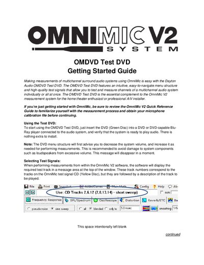 Dayton Audio OMDVD Test DVD Getting Started Guide - cover page