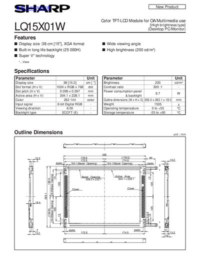 Sharp LQ15X01W Color TFT LCD Module Product Leaflet - cover page
