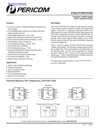 Pericom PS301/PS302/PS303 Precision Analog Switches Datasheet - cover page