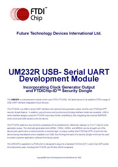 FTDI UM232R USB-Serial UART Development Module Datasheet - cover page