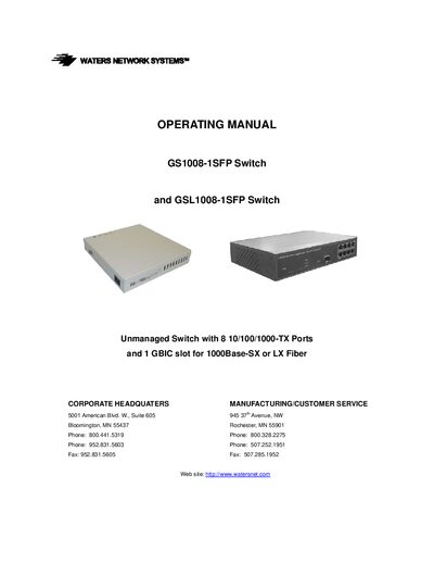 Waters GS1008-1SFP and GSL1008-1SFP Switch User Manual - cover page