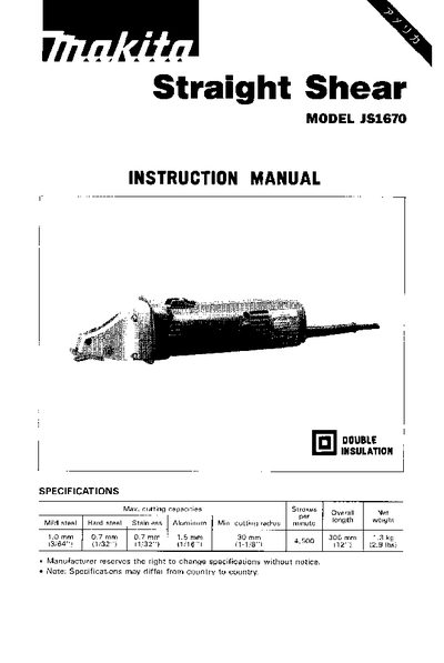 Makita JS1670 Straight Shear Instruction Manual - cover page