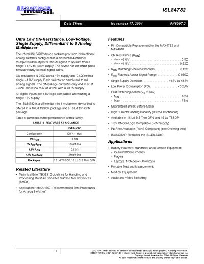 Intersil ISL84782 Analog Multiplexer Datasheet - cover page