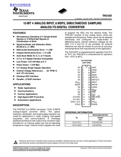 Texas Instruments THS1207 12-Bit ADC Datasheet - cover page