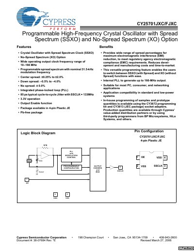 Cypress CY25701JXC/FJXC Programmable High-Frequency Crystal Oscillator Datasheet - cover page