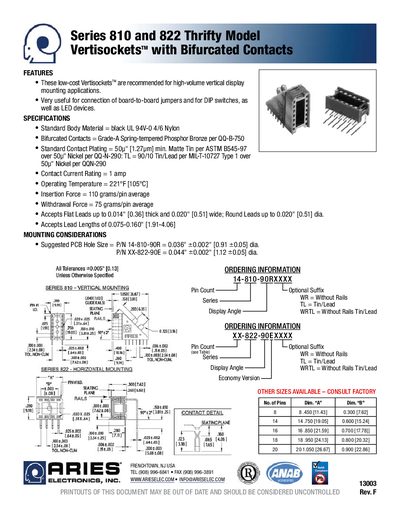 Aries Series 810/822 Thrifty Vertisockets Datasheet - cover page
