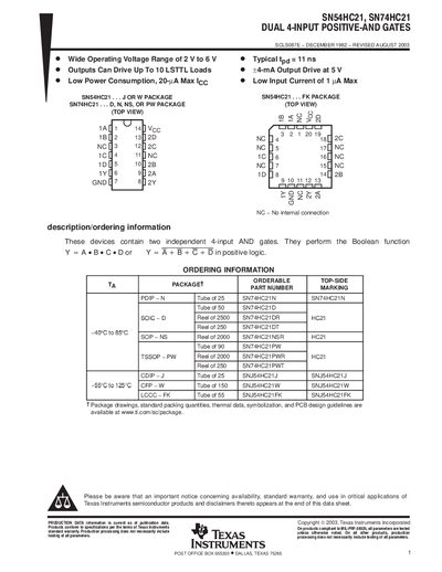 Texas Instruments SN54HC21 SN74HC21 Dual 4-Input Positive-AND Gates Data Sheet - cover page