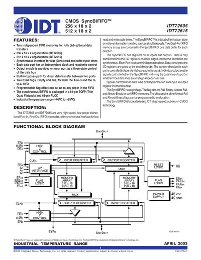 IDT IDT72605/IDT72615 CMOS SyncBiFIFO 256 x 18 x 2 512 x 18 x 2 - cover page