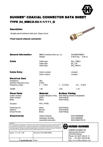 Huber+Suhner TYPE 24 MMCX-50-1-1/111_O Coaxial Connector Datasheet - cover page