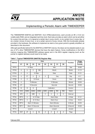 STMicroelectronics AN1216 Implementing a Periodic Alarm with TIMEKEEPER Application Note