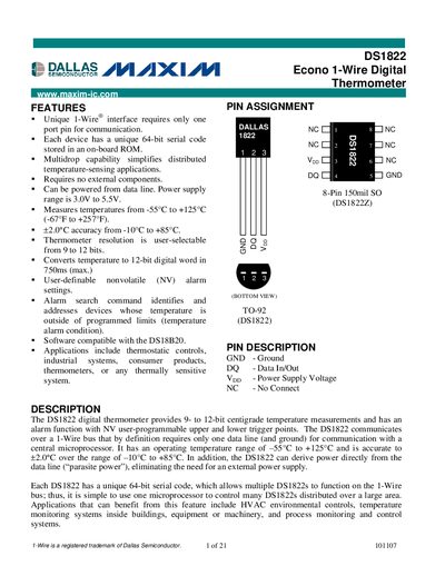 Maxim DS1822 Digital Thermometer Datasheet - cover page