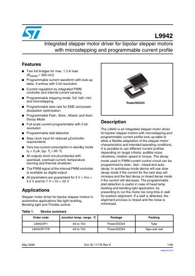 STMicroelectronics L9942 Integrated Stepper Motor Driver Datasheet