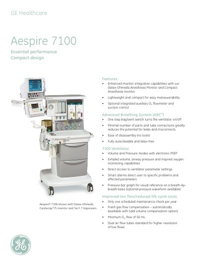 GE Healthcare Aespire 7100 Ventilator Essential Performance Manual - cover page