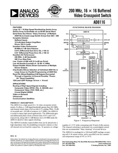 Analog Devices AD8116 Video Crosspoint Switch Datasheet - cover page