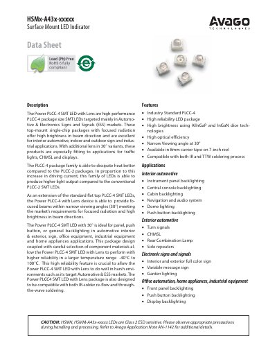 Avago HSMx-A43x-xxxxx Surface Mount LED Indicator Datasheet