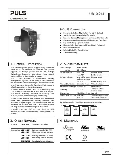 PULS UB10.241 DC-UPS Control Unit Datasheet - cover page