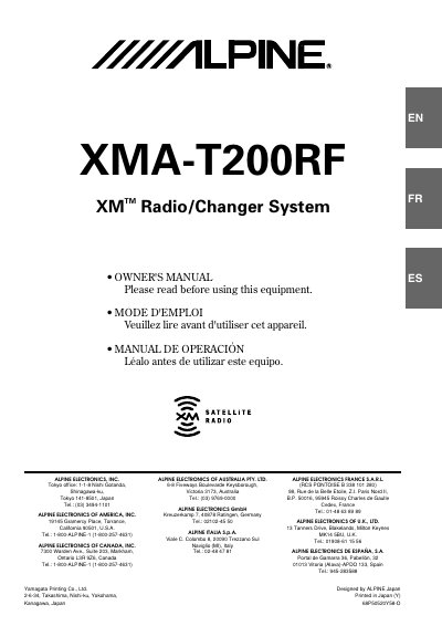 Alpine XMA-T200RF XM Radio Owner's Manual - cover page