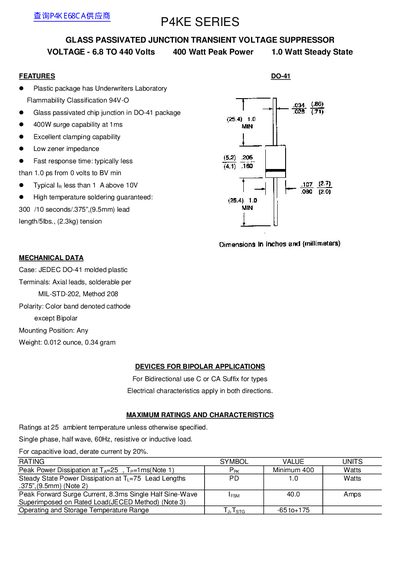 P4KE Series Transient Voltage Suppressor Datasheet - cover page