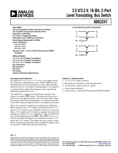 Analog Devices ADG3247 2.5 V/3.3 V 16‑Bit 2‑Port Level Translating Bus Switch Datasheet - cover page
