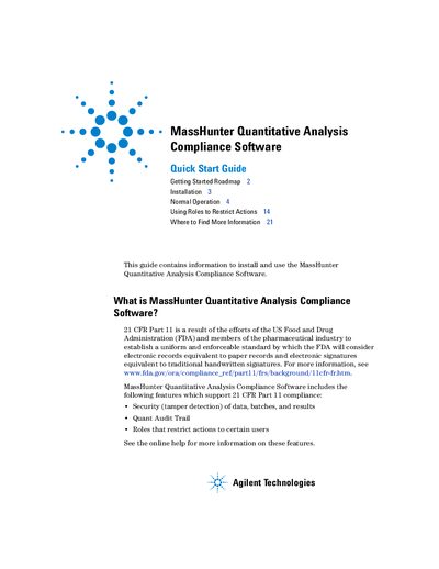 Agilent MassHunter Quantitative Analysis Compliance Software Quick Start Guide - cover page