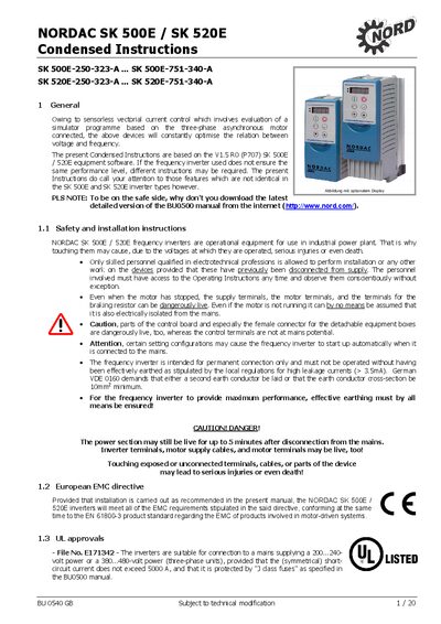 NORDAC SK 500E / SK 520E Frequency Inverter Condensed Instructions - cover page