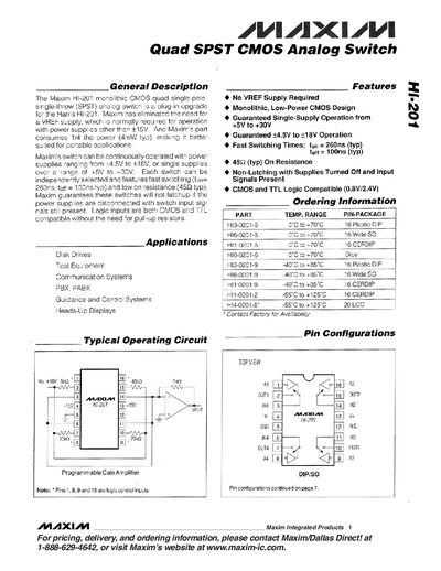 Maxim HI-201 Quad SPST CMOS Analog Switch Datasheet - cover page