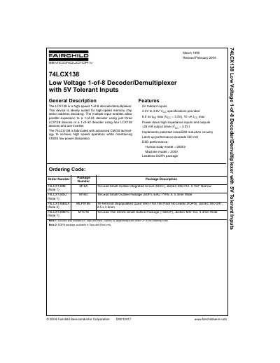 Fairchild 74LCX138 Low Voltage 1-of-8 Decoder/Demultiplexer Datasheet - cover page