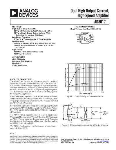 Analog Devices AD8017 Dual High Output Current High Speed Amplifier Datasheet - cover page