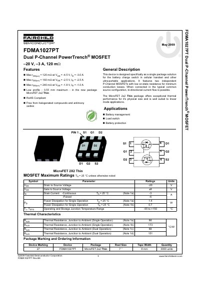 Fairchild FDMA1027PT Dual P-Channel MOSFET Datasheet - cover page