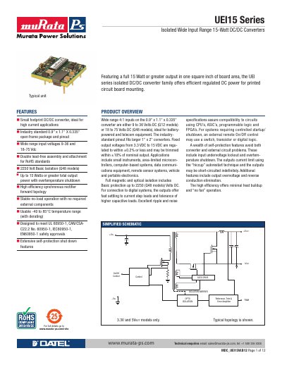 Murata UEI15 Series Isolated Wide Input Range 15-Watt DC/DC Converters Datasheet - cover page