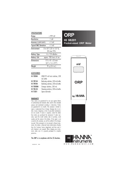 Hanna Instruments HI 98201 Pocket-sized ORP Meter Instruction Manual - cover page
