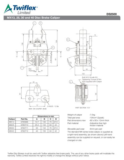 Twiflex MX13, MX25, MX30, MX40 Disc Brake Caliper DS2500 Service Manual - cover page