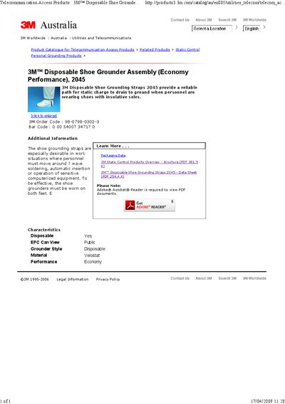 3M 2045 Disposable Shoe Grounder Assembly Data Sheet - cover page
