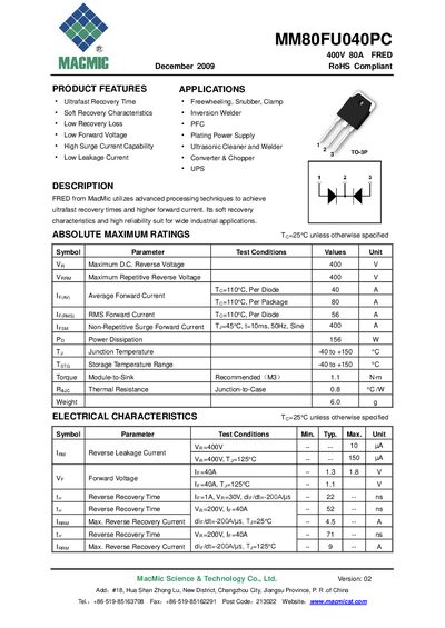 MacMic MM80FU040PC FRED Diode Datasheet